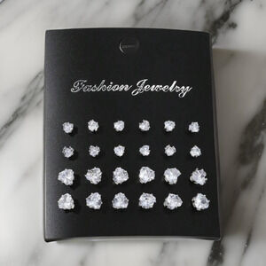 New 12 Pairs Heart Cubic‎ Zirconia CZ Stud Silver Earrings Different Sizes Men
